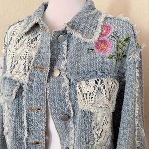 POL Blue Distressed Denim Jacket with Floral Embroidery